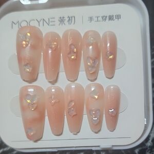 Pink Nude Press-On Nails with Iridescent Gems